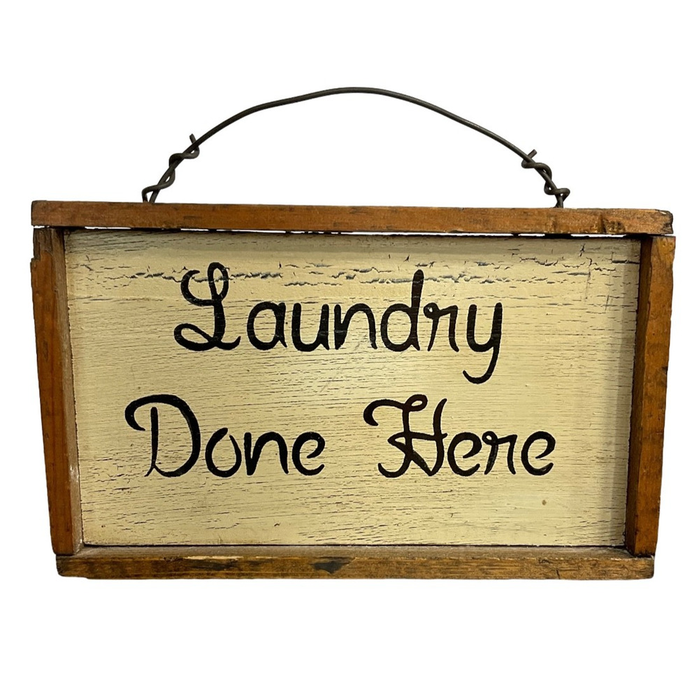 Laundry Room Decor "Laundry Done Here" Sign Distressed Wood Frame Wire Hanger